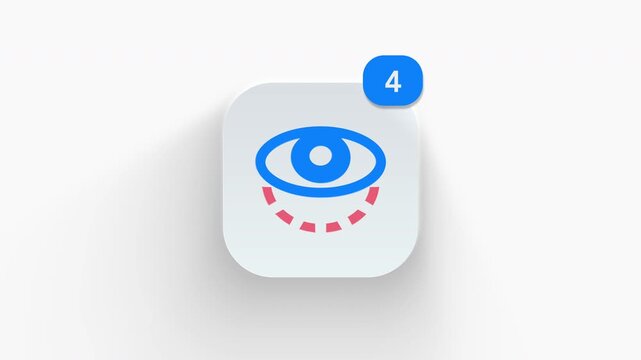Eye care app icon featuring animated notification badge with counter 1 to 99, dynamic shadow effect, minimalist vision optometry ophthalmology health concept, on white background. 