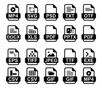 Digital file format icon collection with black labels for web interface design and asset management.