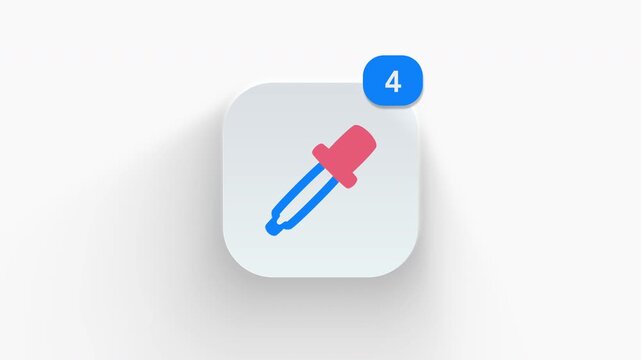 Eye dropper app icon featuring animated notification badge with counter 1 to 99, dynamic shadow effect, minimalist pipette serum liquid drop tool concept, on white background. 