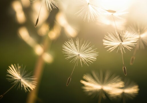 Floating dandelion seeds in sunlight a delicate macro shot for spring concepts and natural wellness themes