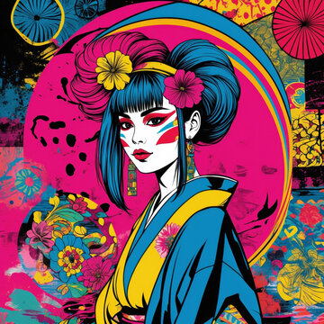 Pop art Japanese geisha woman in traditional kimono on colorful abstract background. Retro comic book style Asian girl portrait poster.