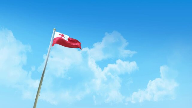 Tonga Flag 3D Render Animation on Pole with Blue Sky and Clouds - Low Angle View