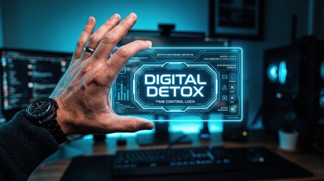 Futuristic Digital Detox Concept Man holding an illuminated holographic interface with 'Time Control' message, representing the mindful management of screen time and tech habits
