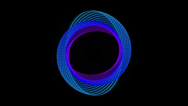 Abstract glowing neon cyan purple spirograph geometric portal motion graphics loop on dark background