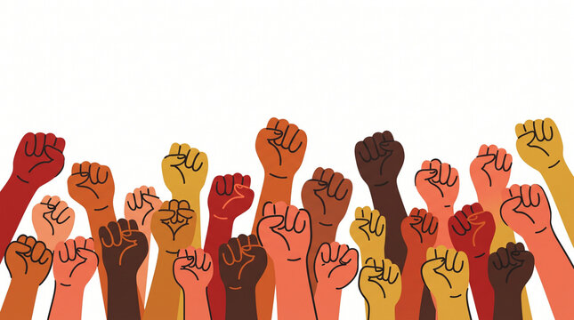Crowd of multiracial raised fists symbolizing unity solidarity and freedom