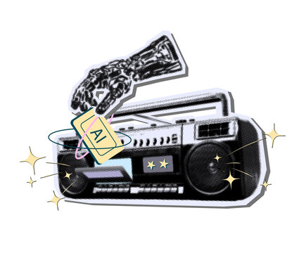 Retro 90s boombox and robotic cyborg hand inserting AI cassette tape. Creative surreal vector illustration of artificial intelligence, technology evolution and music.