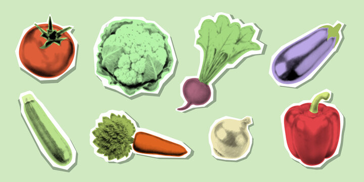 Fresh organic vegetables icon set vector illustration in pop art halftone style. Modern photocopy stickers collection of tomato carrot eggplant pepper zucchini and cabbage on green background