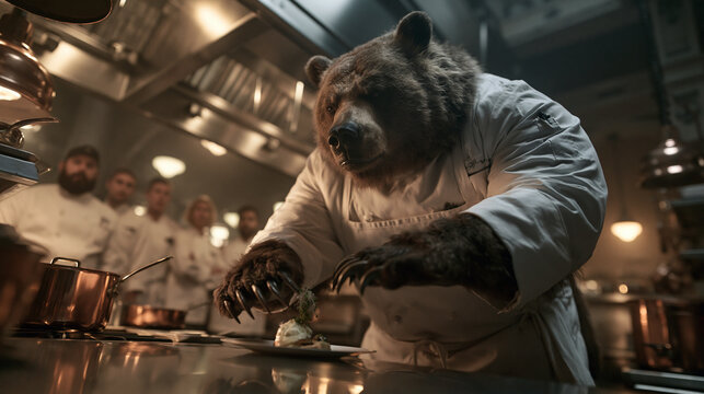Grizzly Bear Chef Garnishing Dish in Commercial Kitchen