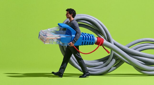 Man Carrying Giant Ethernet Cable Against Green Background