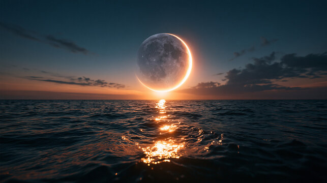 Giant Crescent Moon Rising Over Ocean Horizon at Sunset