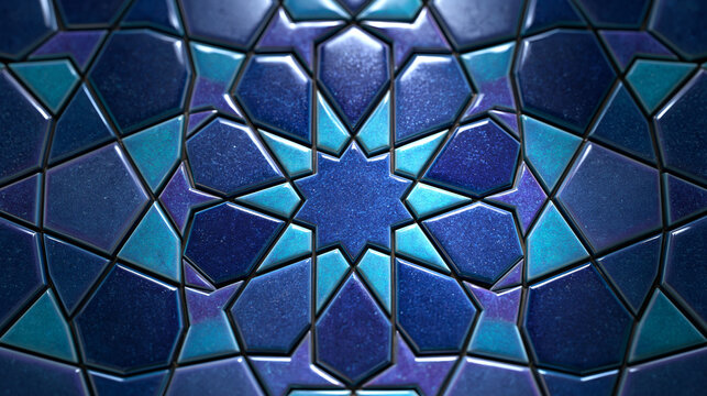Blue Islamic Geometric Ceramic Tile Mosaic Pattern Background