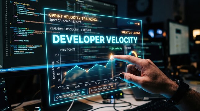 Professional analyzing software development data on a holographic display. Real-time sprint tracking and productivity metrics guide agile project management and optimize team performance