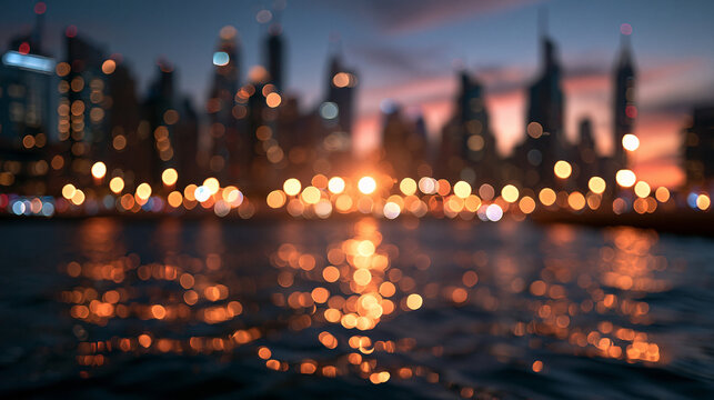 Blurred City Skyline with Bokeh Lights Reflected on Water