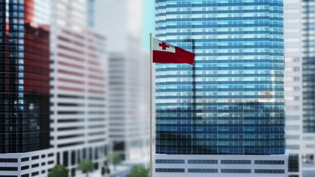 Tonga Flag 3D Render Animation Waving in Front of Modern Glass Buildings - Daytime