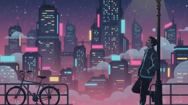 Man leaning on a lamppost in a futuristic city at night, with neon lights and a bicycle nearby.