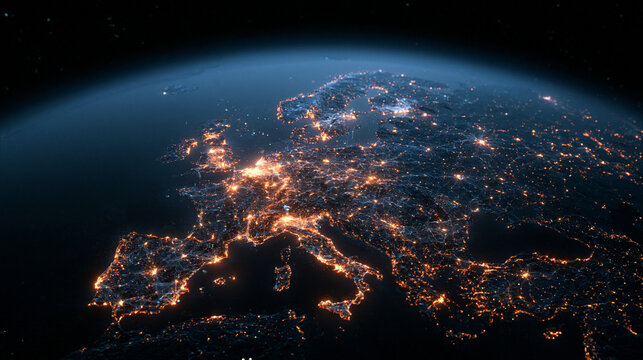 Europe at Night Illuminated by City Lights from Space