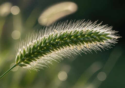 Close up of foxtail grass seed head with delicate white bristles in natural sunlight