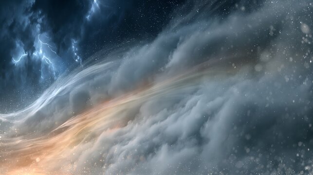 Dramatic storm sky background with glowing lightning bolt and swirling clouds