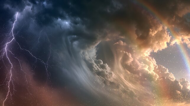 Dramatic fantasy sky background with powerful lightning strike rainbow and dark storm clouds