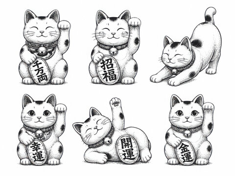 Simple hand drawn maneki neko lucky cat sketch set, engraved chinese fortune cat illustration clip art