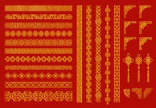 Asian border set in vintage style on red background. Traditional chinese ornaments for your design. Vector golden japanese pattern. Artwork graphic, asian culture decoration