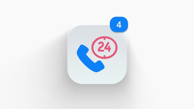 24-hour customer support app icon featuring animated notification badge with counter 1 to 99, dynamic shadow effect, minimalist round-the-clock telephone help service concept, on white background. 