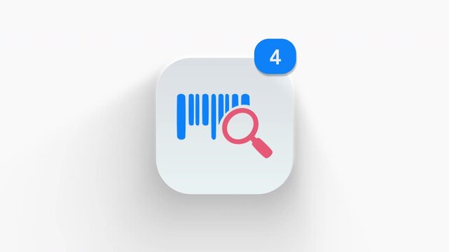 Barcode search app icon featuring animated notification badge with counter 1 to 99, dynamic shadow effect, minimalist magnifying glass product code scanner concept, on white background. 