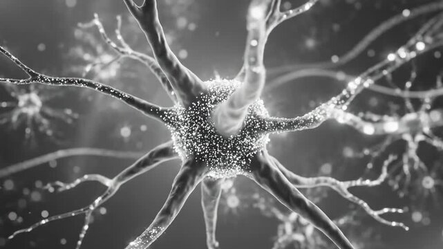 Grayscale Microscopic Neuron with Glowing Particles for Medical Research.