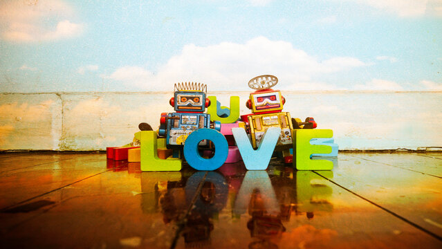 LOVE word wooden letters and robot toys 