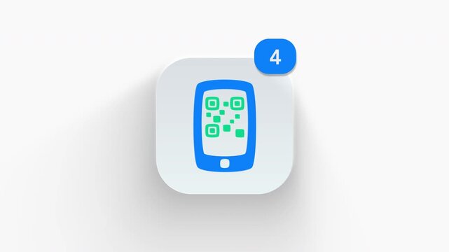 Mobile QR code app icon featuring animated notification badge with counter 1 to 99, dynamic shadow effect, minimalist phone screen bar code reader concept, on white background. 