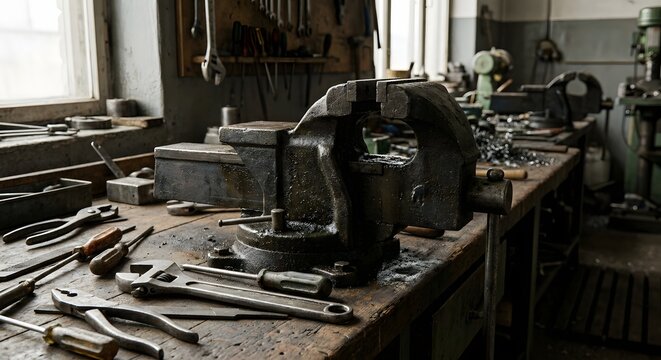 Heavy Duty Bench Vise and Mechanic Hand Tools in Industrial Workshop