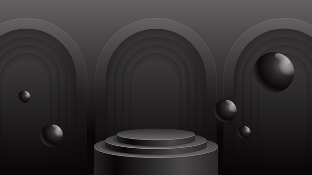 Black cylindrical podium stand with tiered circular surface, floating spheres and dark arched background, designed for luxury product display, exhibitions, branding and elegant presentations.