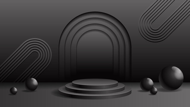 Black cylindrical podium vector illustration with layered circular steps, geometric arches, spheres and dramatic shadows, creating a luxurious stage for product display and branding.