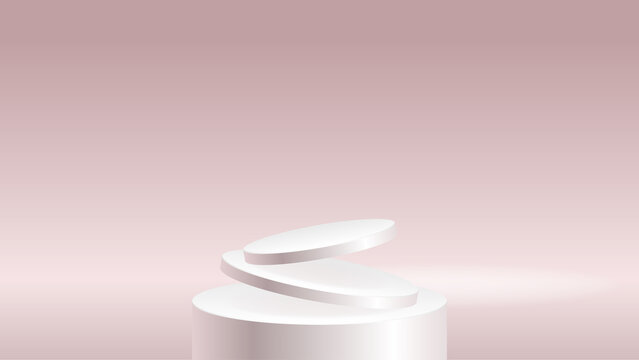 White cylindrical podium with floating oval tiers and a luminous pink background, presenting a refined minimalist scene for skincare products, luxury packaging, beauty campaigns and online shops.