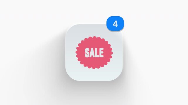Sale label app icon featuring animated notification badge with counter 1 to 99, dynamic shadow effect, minimalist promotional badge discount offer concept, on white background. 
