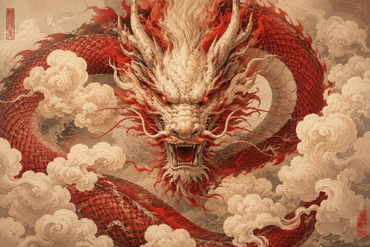 Oriental asian tradition religion temple china chinese background red dragon asia animal culture art