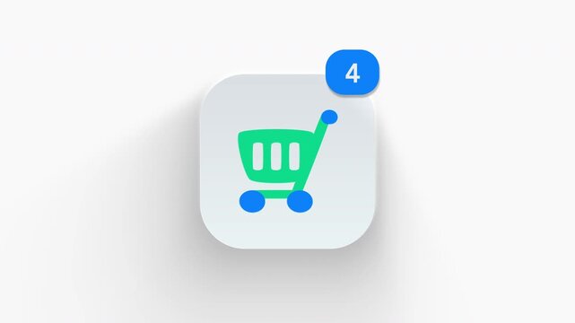 Shopping cart app icon featuring animated notification badge with counter 1 to 99, dynamic shadow effect, minimalist online store trolley e-commerce concept, on white background. 