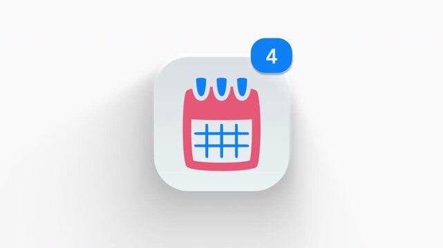 Calendar app icon featuring animated notification badge with counter 1 to 99, dynamic shadow effect, minimalist date schedule planner event grid concept, on white background. 