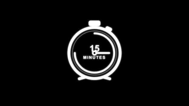 Glowing digital stopwatch timer counting down fifteen minutes in this dynamic high contrast motion video clip