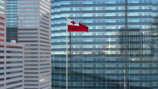Tonga Flag 3D Render Animation Waving Against Glass Office Building - Daylight Scene
