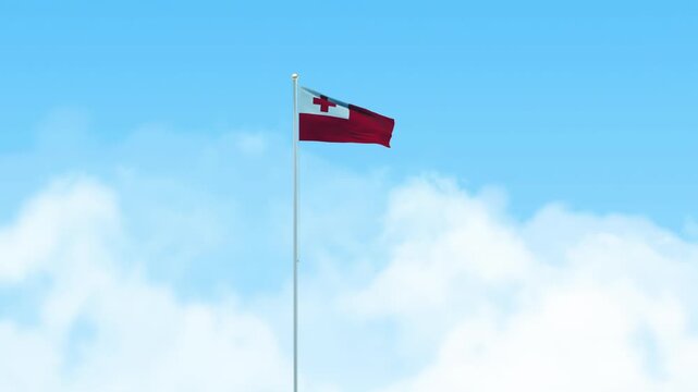 Tonga Flag 3D Render Animation Waving on Pole with Blue Sky