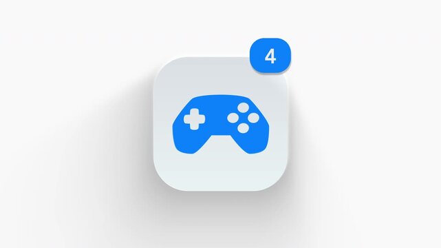 Game controller app icon featuring animated notification badge with counter 1 to 99, dynamic shadow effect, minimalist gamepad video game entertainment pad concept, on white background. 