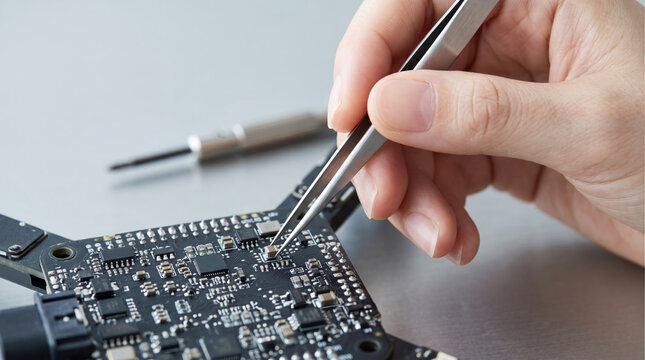 ピンセットを使って基板に電子部品を実装する精密作業の手元