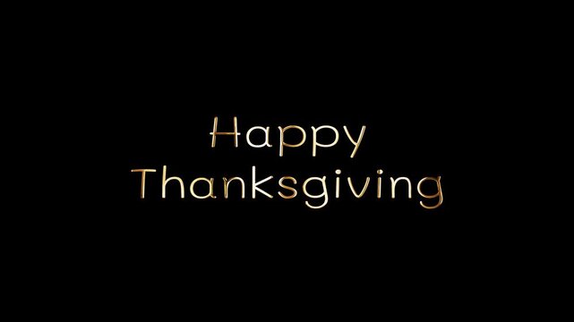 Loop of  Happy Thanks Giving golden text shine  with light effect on black abstract background. Isolated transparent with alpha channel Quicktime prores 444