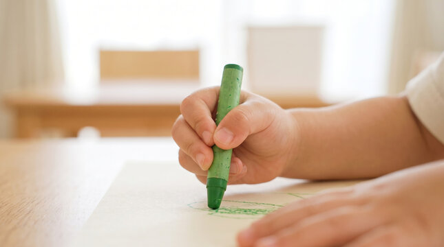 緑色のクレヨンを握り紙にお絵かきをする子供の手元