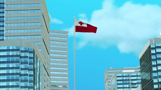 Tonga Flag 3D Render Animation with Urban Architecture and Clear Blue Sky