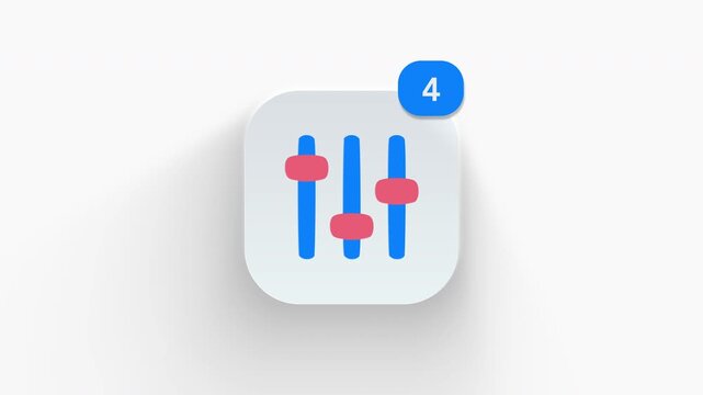 Equalizer sliders app icon featuring animated notification badge with counter 1 to 99, dynamic shadow effect, minimalist mixer controls audio adjustment faders concept, on white background. 