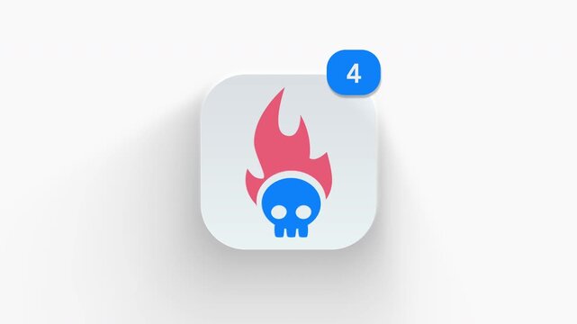 Eye-catching 3D flaming skull icon with badge counter, perfect for heavy metal rock apps, motorcycle clubs, and gothic themes. 