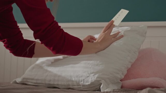 Person wearing red long sleeved garment interacts. Bedroom features teal upper walls brown textured bedding. Small yellow object rests atop one side of main large crumpled