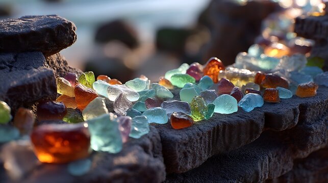 Colorful Sea Glass Pieces Scattered on Rocky Shore in Warm Sunlight Close Up